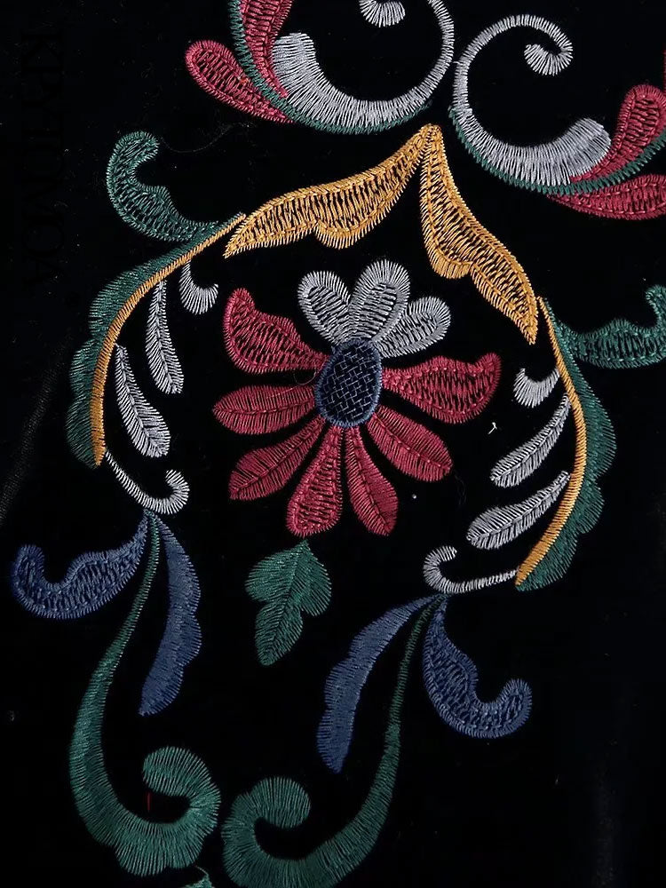 Feyona | Blazer ouvert en velours noir pour femme - veste à broderies florales colorées, style rétro-vintage