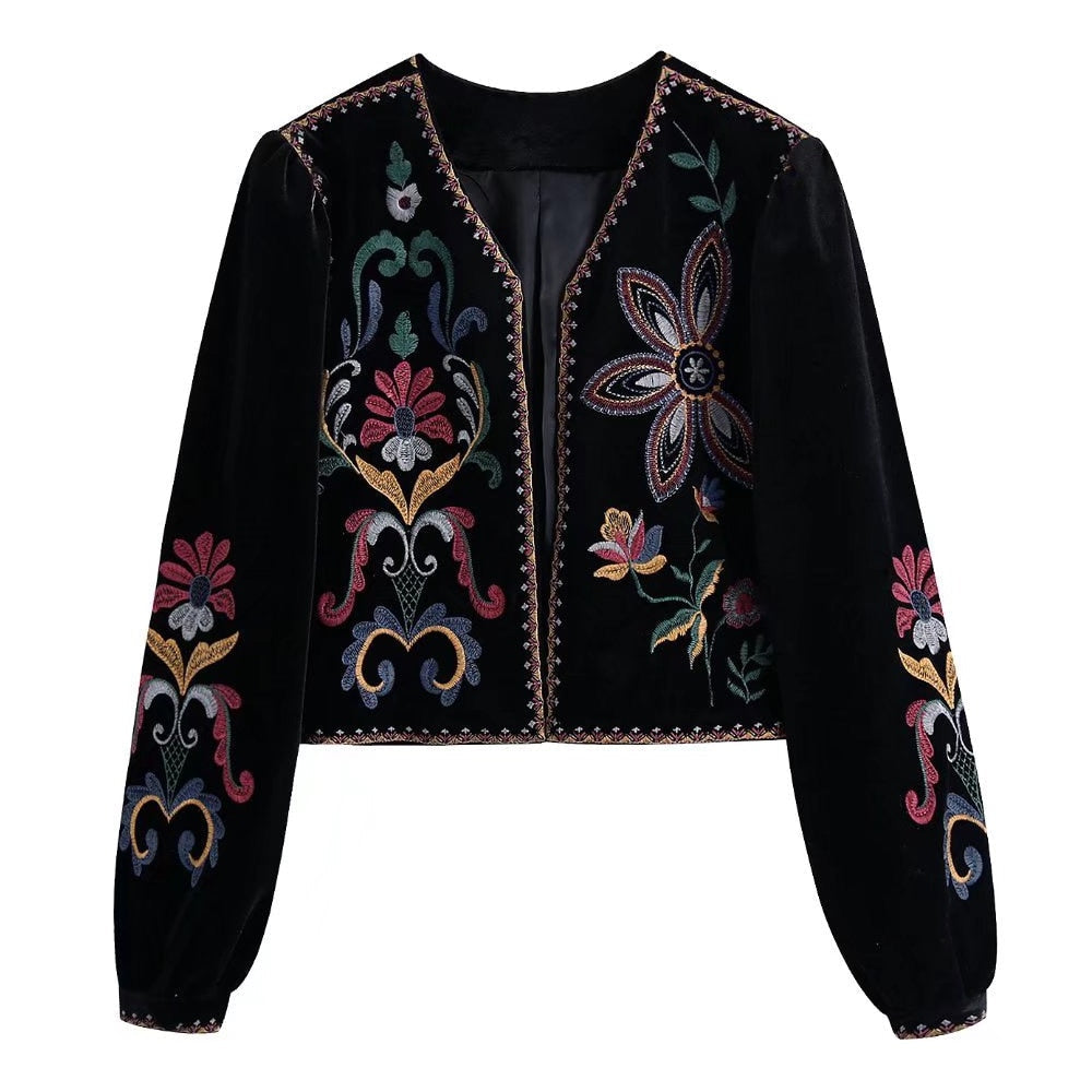 Feyona | Blazer ouvert en velours noir pour femme - veste à broderies florales colorées, style rétro-vintage