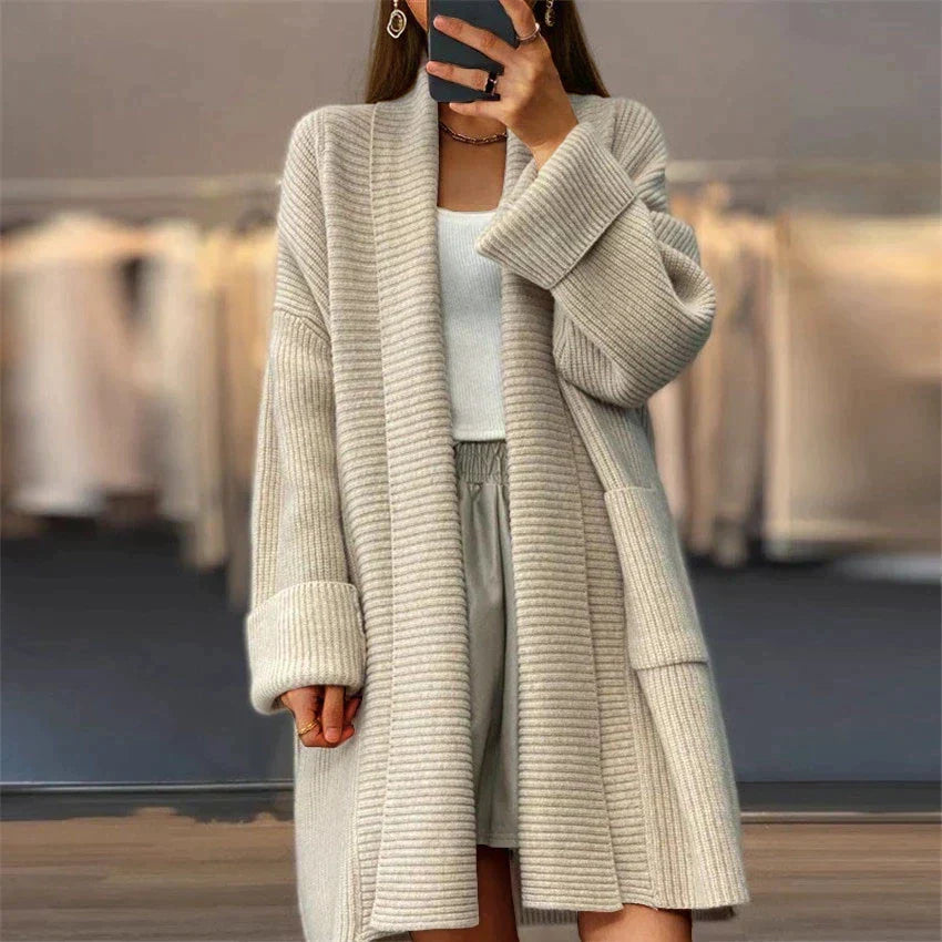 Elsinara | Gilet long ouvert en cachemire - Veste d'hiver douce et confortable en maille, d'inspiration vintage
