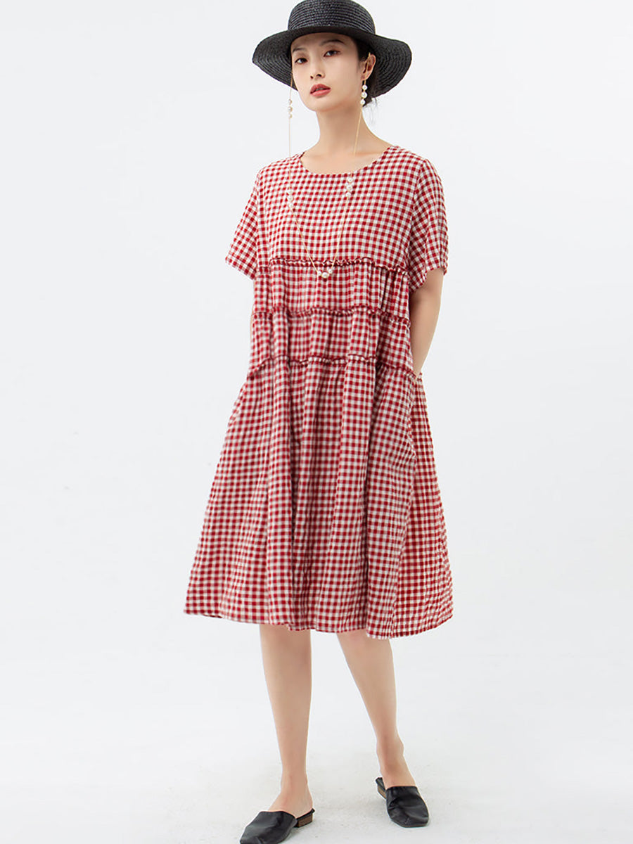 Tiraya | Katoenen geruite jurk met korte mouwen voor dames – Casual zomerse midi-jurk met losse pasvorm