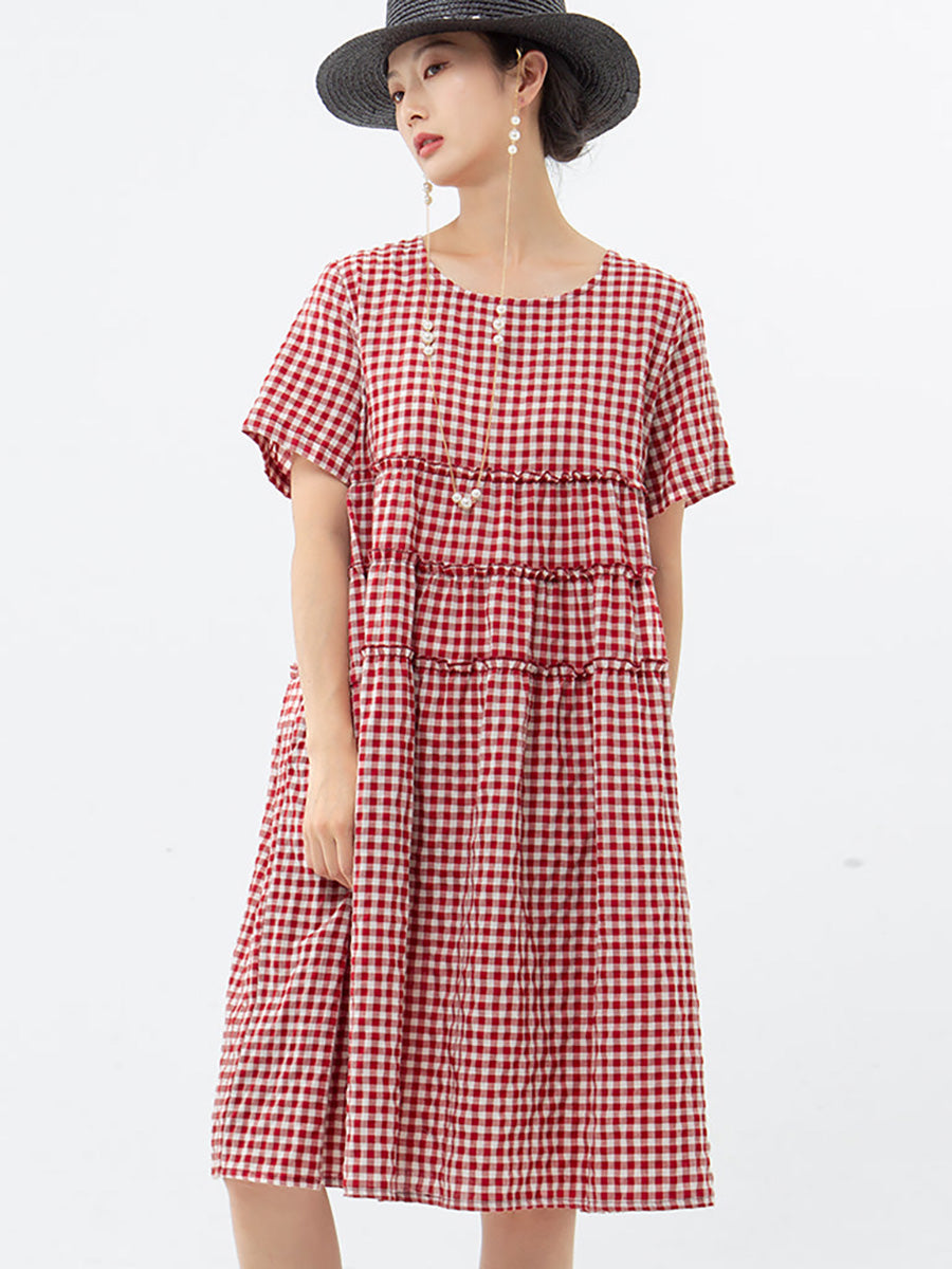 Tiraya | Katoenen geruite jurk met korte mouwen voor dames – Casual zomerse midi-jurk met losse pasvorm