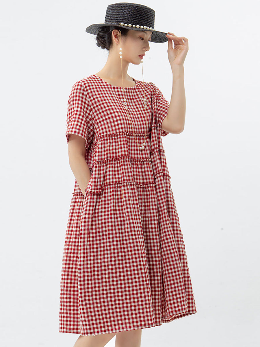 Tiraya | Katoenen geruite jurk met korte mouwen voor dames – Casual zomerse midi-jurk met losse pasvorm