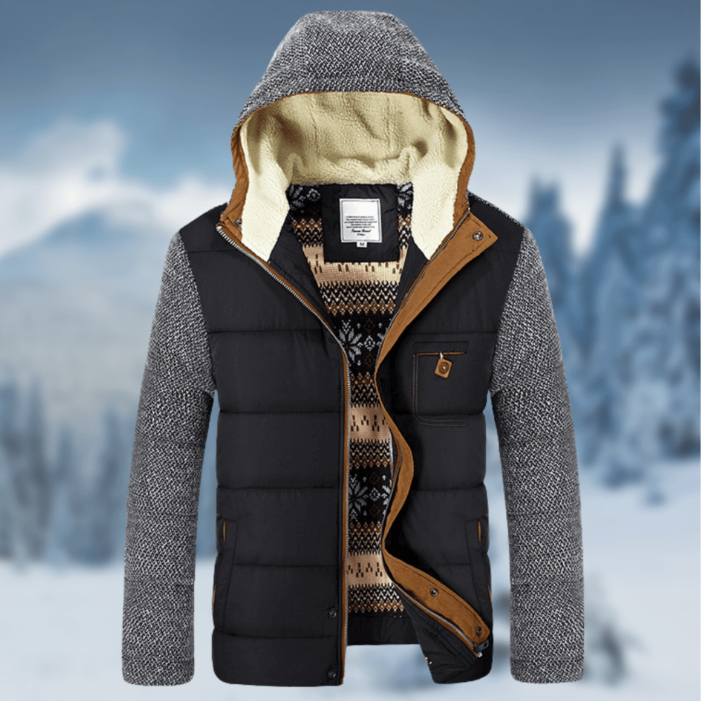 Olyvric | Designer-Steppjacke für Herren mit Kapuze – Eleganter Strickmantel für den Winter, warme Freizeitjacke