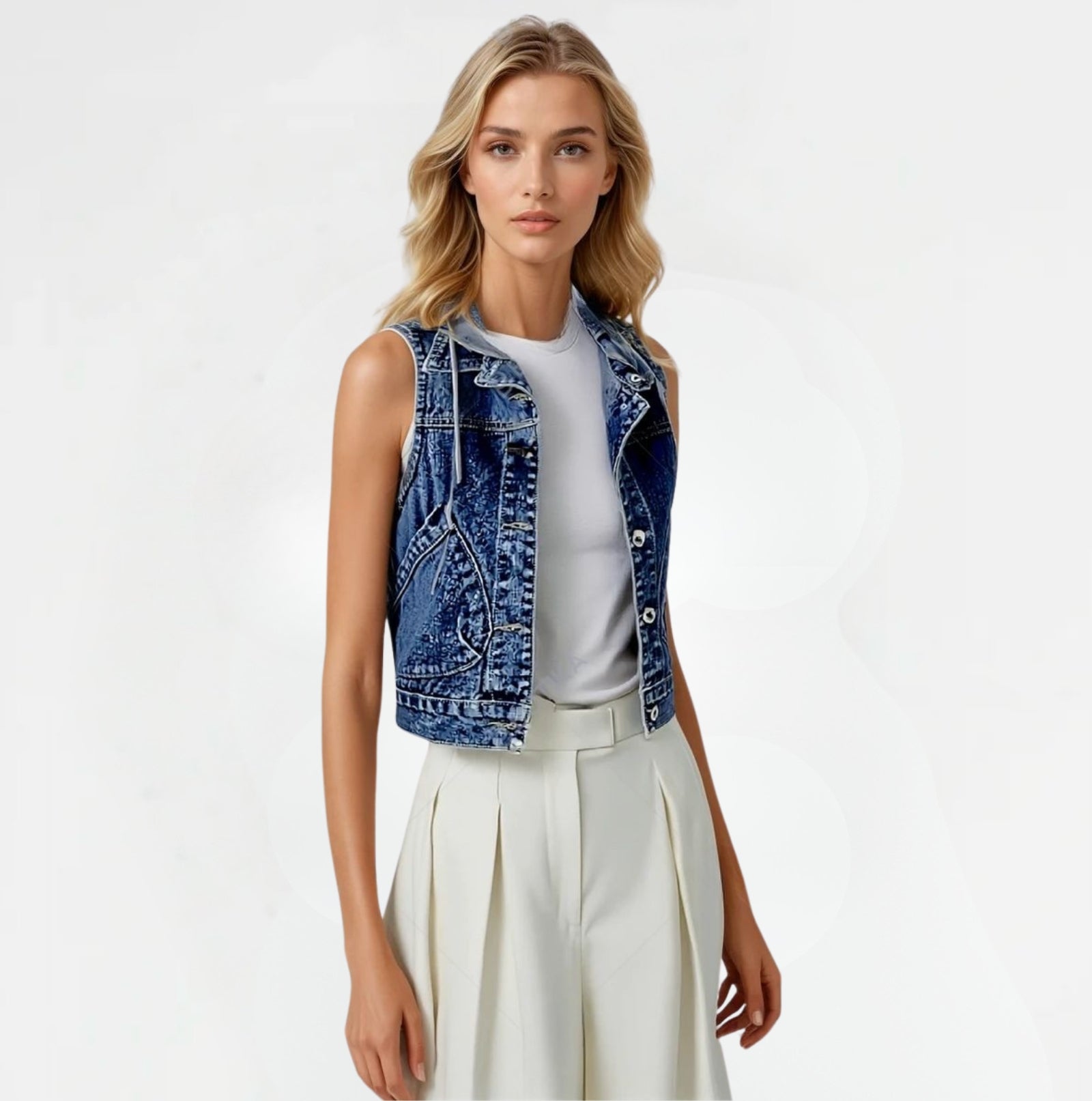Vivienne | Gilet en jean sans manches à capuche - Veste femme décontractée et élégante