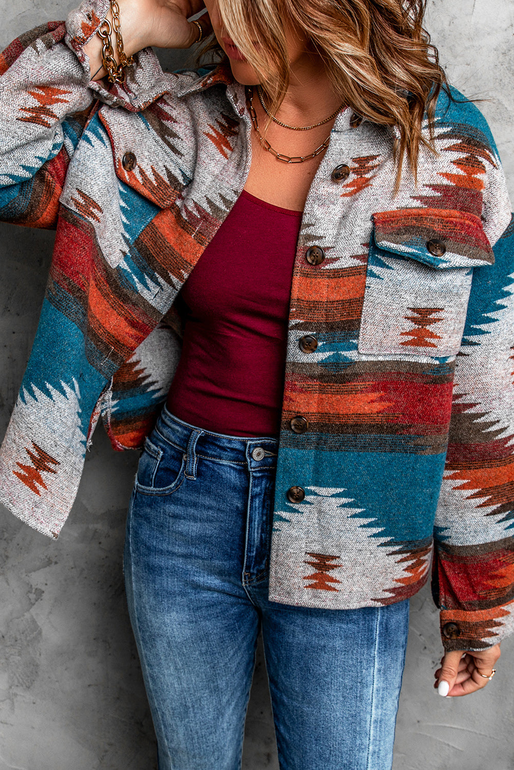 Yorinara | Dames Aztec Shirtjack – Gewassen Shacket met Knopen, Lange Mouwen en Reverskraag