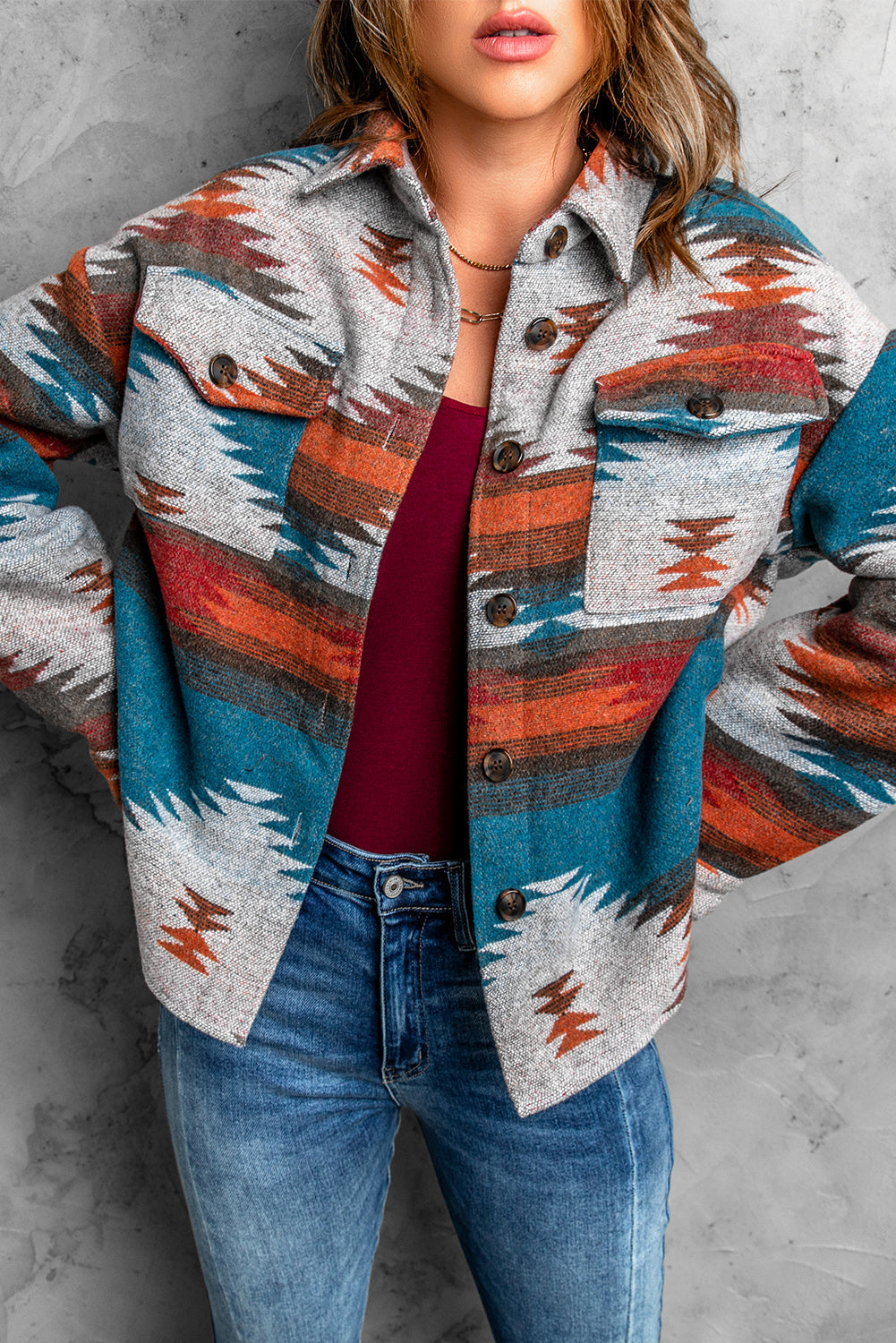 Yorinara | Dames Aztec Shirtjack – Gewassen Shacket met Knopen, Lange Mouwen en Reverskraag