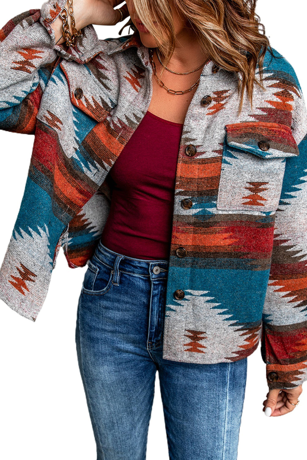 Yorinara | Dames Aztec Shirtjack – Gewassen Shacket met Knopen, Lange Mouwen en Reverskraag