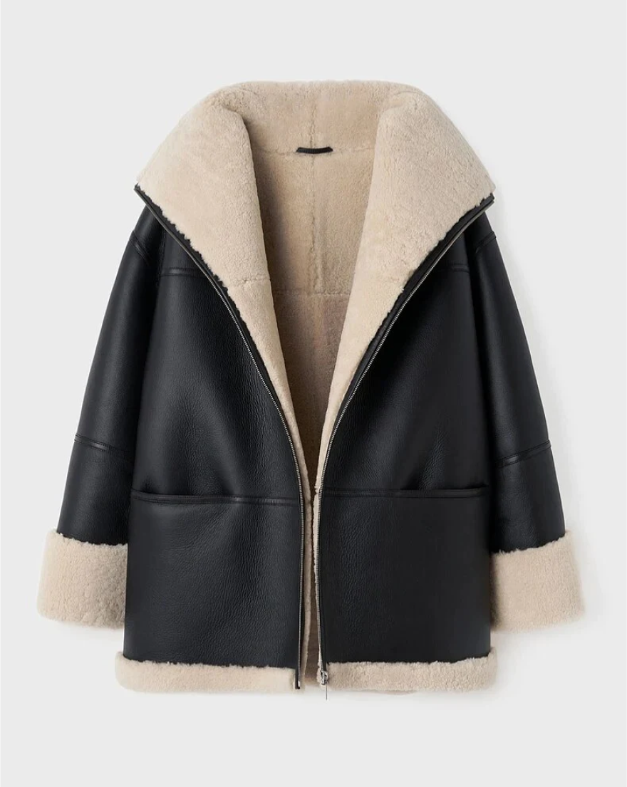 Delyraella | Veste en cuir oversize pour femme – Manteau d'hiver chaud doublé polaire, vêtement d'extérieur chic et décontracté