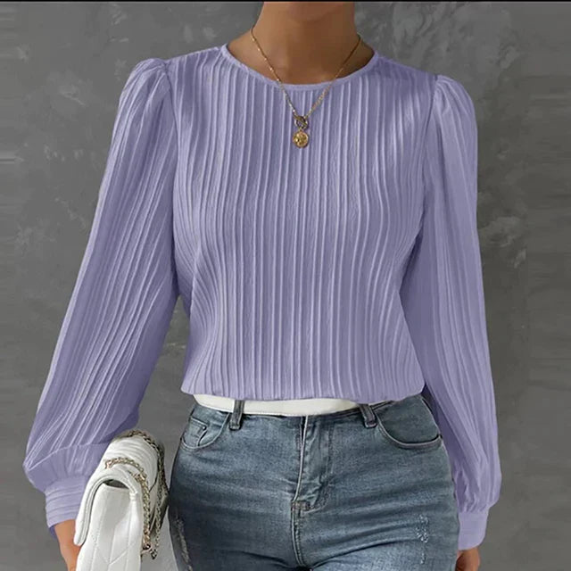 Azellea | Damesblouse met lange mouwen – top met lantaarnmouwen en ronde hals