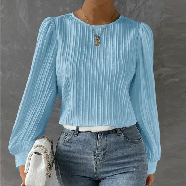 Azellea | Damesblouse met lange mouwen – top met lantaarnmouwen en ronde hals