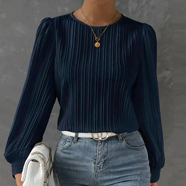 Azellea | Damesblouse met lange mouwen – top met lantaarnmouwen en ronde hals