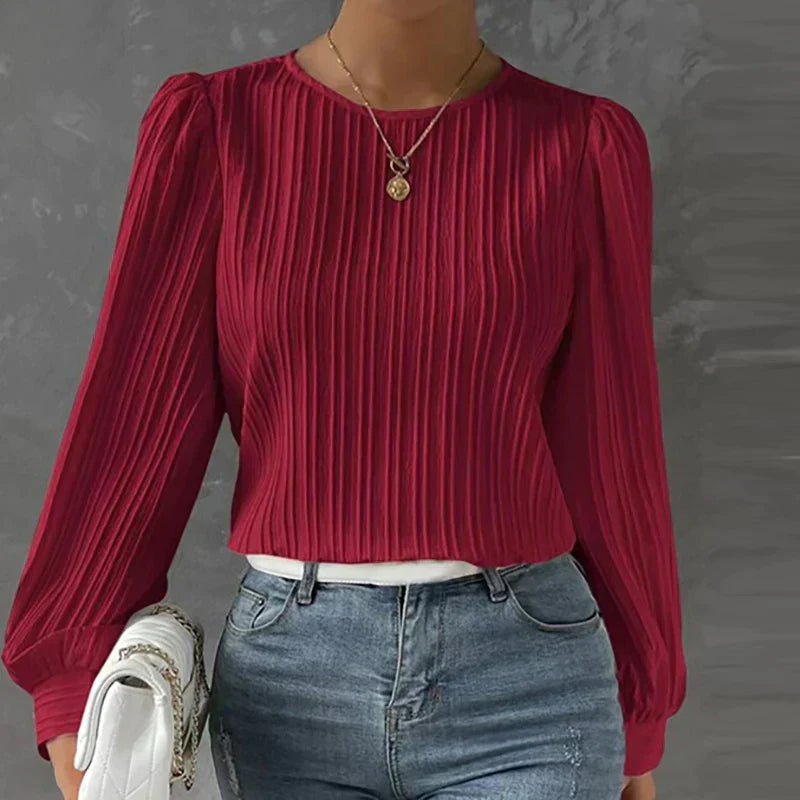 Azellea | Damesblouse met lange mouwen – top met lantaarnmouwen en ronde hals