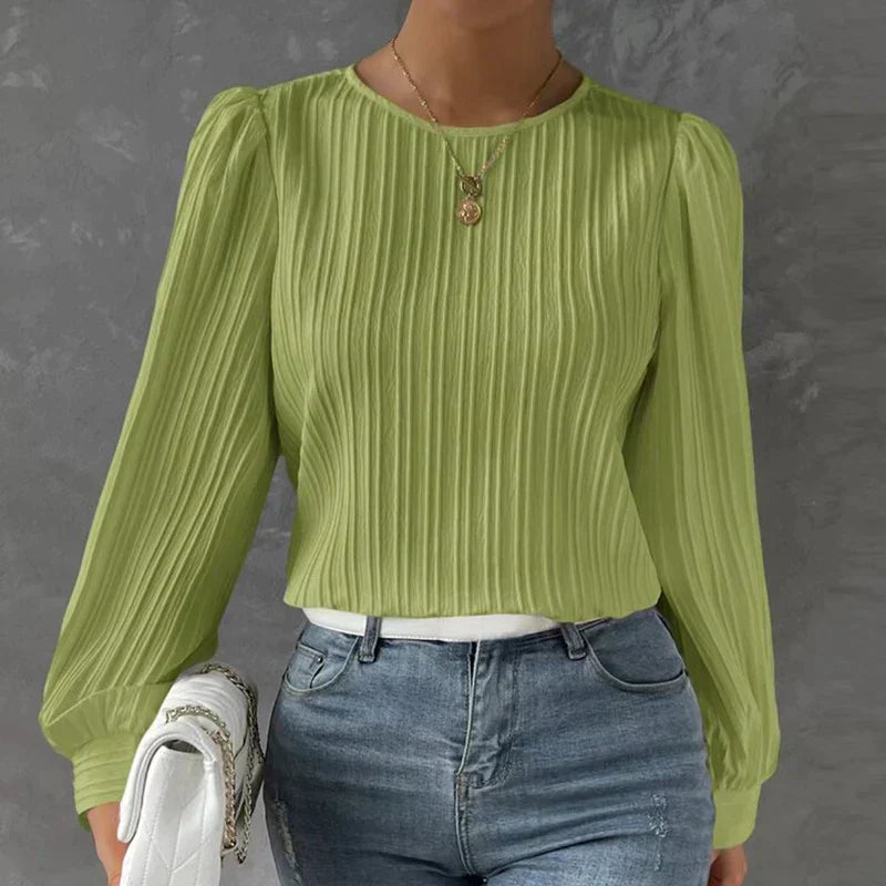Azellea | Damesblouse met lange mouwen – top met lantaarnmouwen en ronde hals