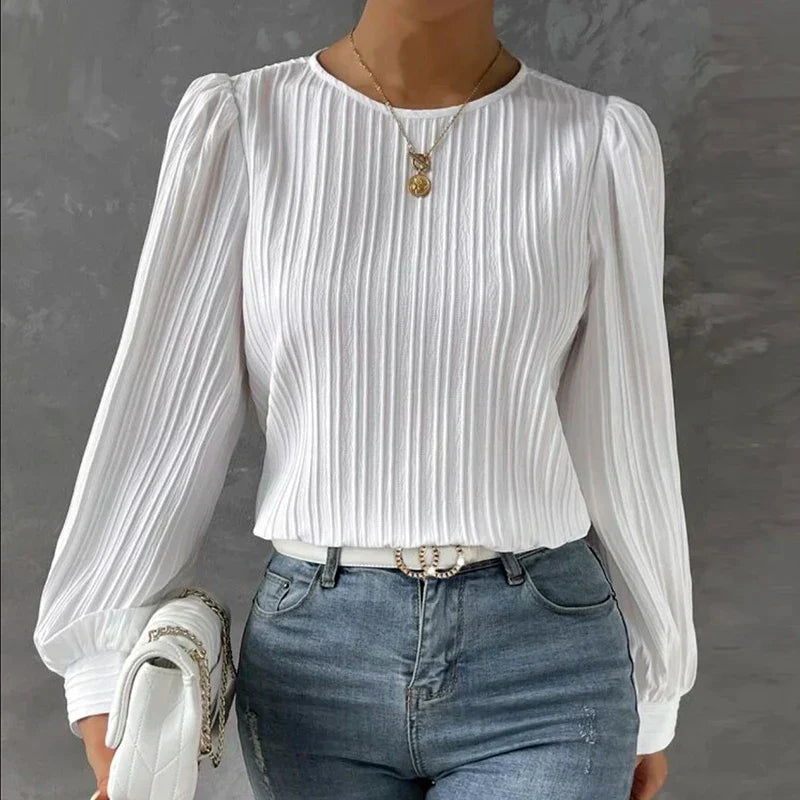 Azellea | Damesblouse met lange mouwen – top met lantaarnmouwen en ronde hals
