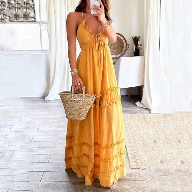 Ysolara | Elegante Zomer Maxi Jurk voor Dames – Luchtige Mouwloze Strandjurk met Cut-Out Details