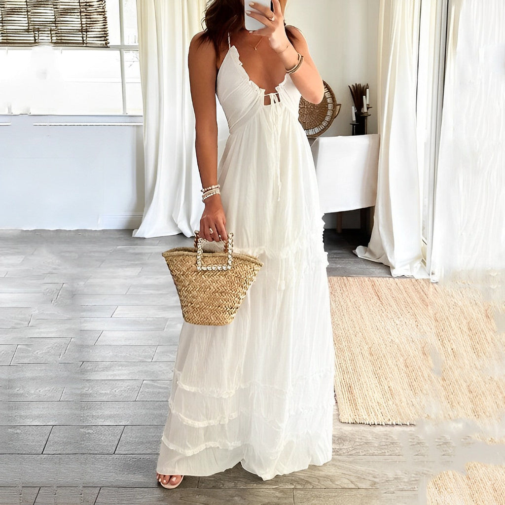Ysolara | Elegante Zomer Maxi Jurk voor Dames – Luchtige Mouwloze Strandjurk met Cut-Out Details