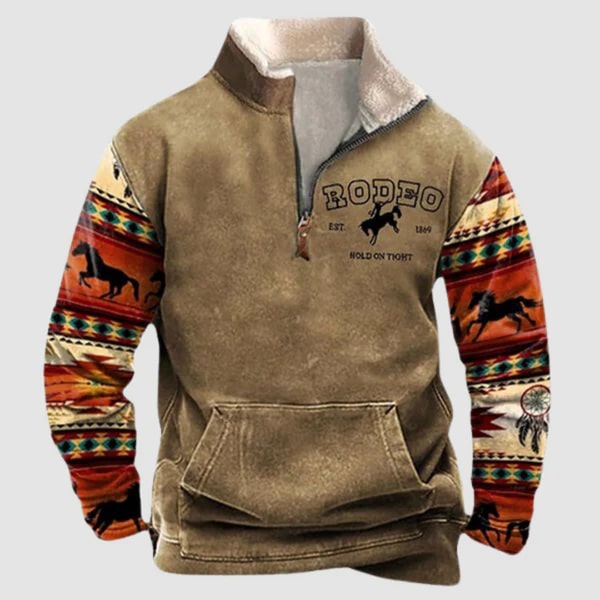 Lucjan | Herrenpullover mit Ethno-Print und halbem Reißverschluss, fleecegefüttert, warmer Freizeitpullover für draußen