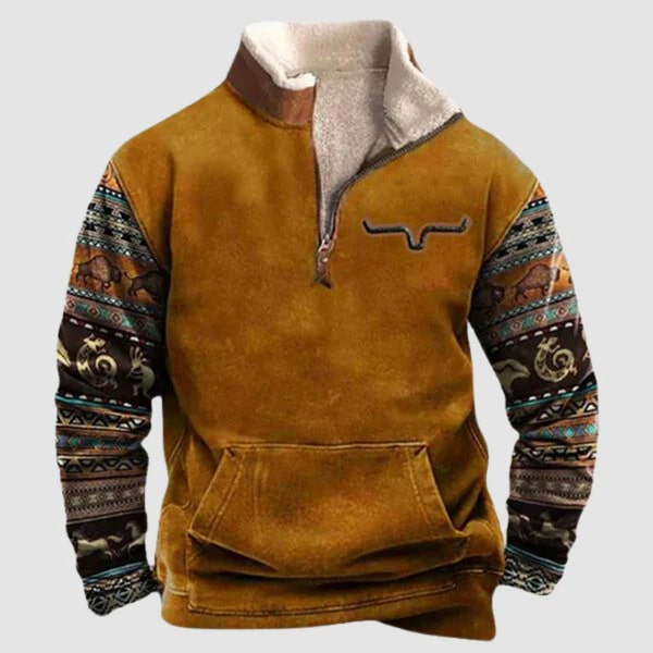 Lucjan | Herrenpullover mit Ethno-Print und halbem Reißverschluss, fleecegefüttert, warmer Freizeitpullover für draußen