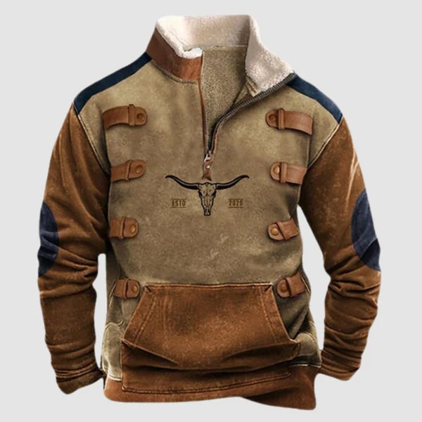Lucjan | Herrenpullover mit Ethno-Print und halbem Reißverschluss, fleecegefüttert, warmer Freizeitpullover für draußen
