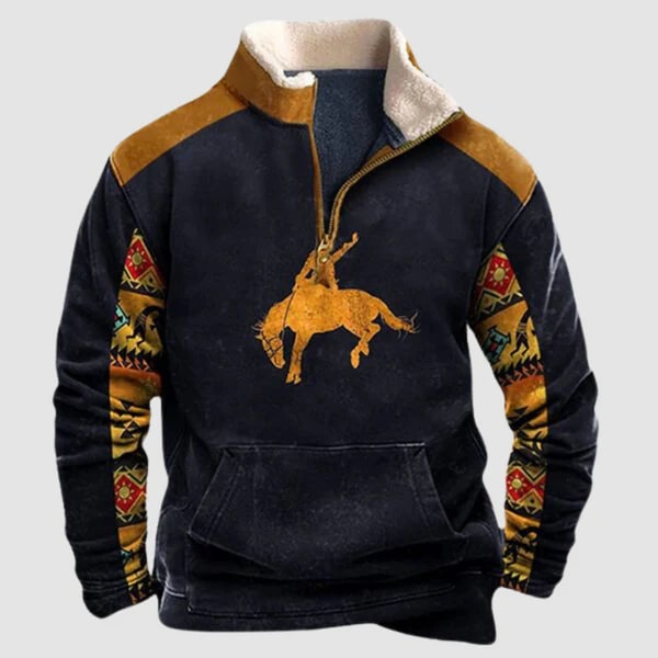 Lucjan | Herrenpullover mit Ethno-Print und halbem Reißverschluss, fleecegefüttert, warmer Freizeitpullover für draußen