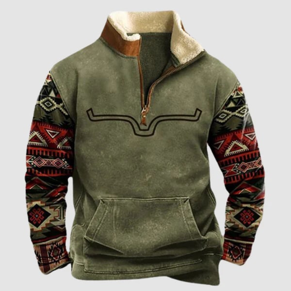 Lucjan | Herrenpullover mit Ethno-Print und halbem Reißverschluss, fleecegefüttert, warmer Freizeitpullover für draußen