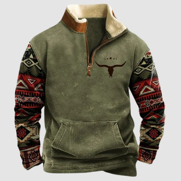 Lucjan | Herrenpullover mit Ethno-Print und halbem Reißverschluss, fleecegefüttert, warmer Freizeitpullover für draußen