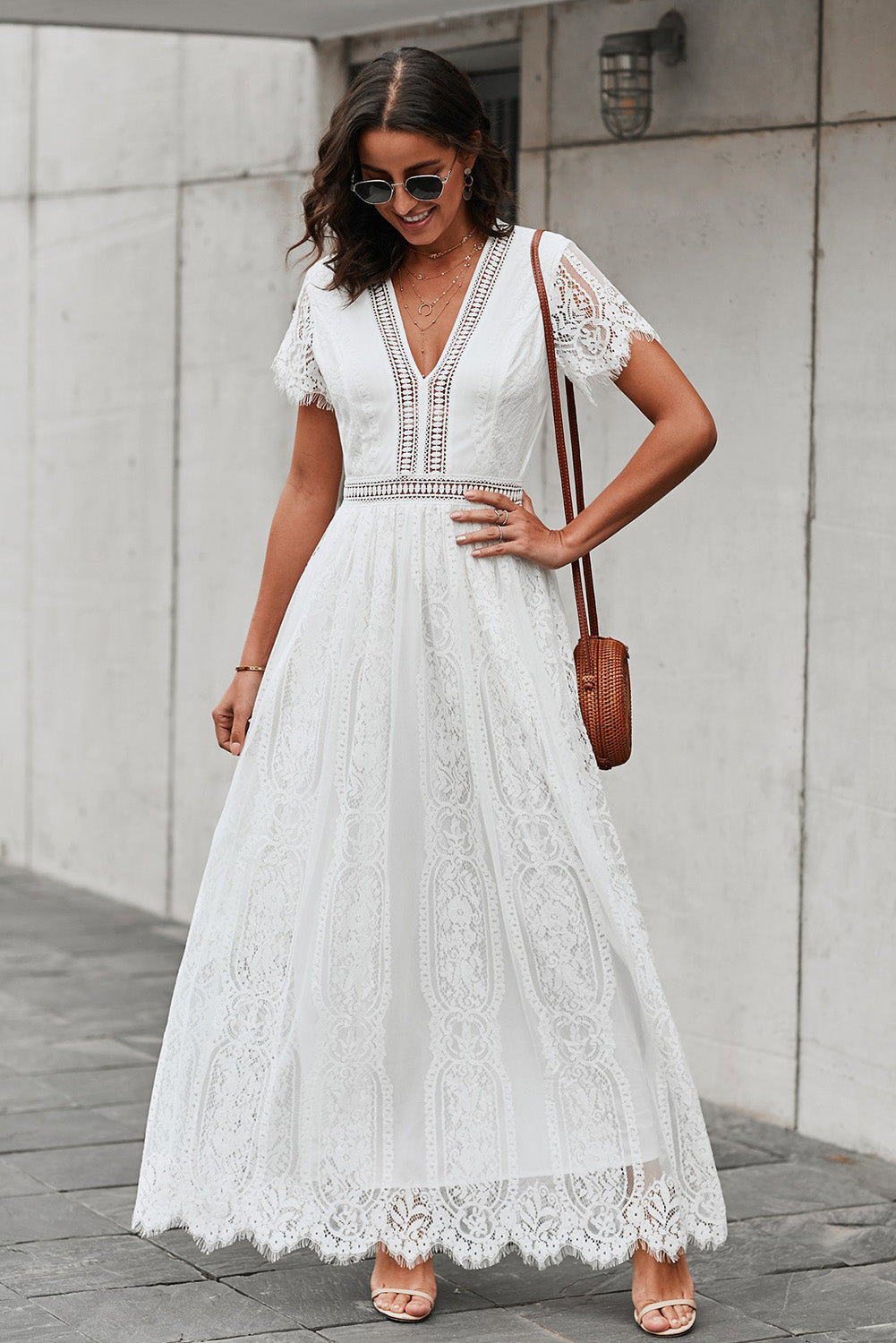 Rexella | Witte Maxi Jurk van Kant voor Dames – Lange Zomerjurk met V-hals en Korte Mouwen
