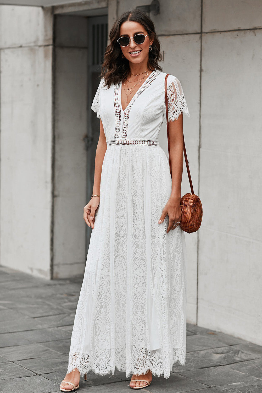 Rexella | Witte Maxi Jurk van Kant voor Dames – Lange Zomerjurk met V-hals en Korte Mouwen