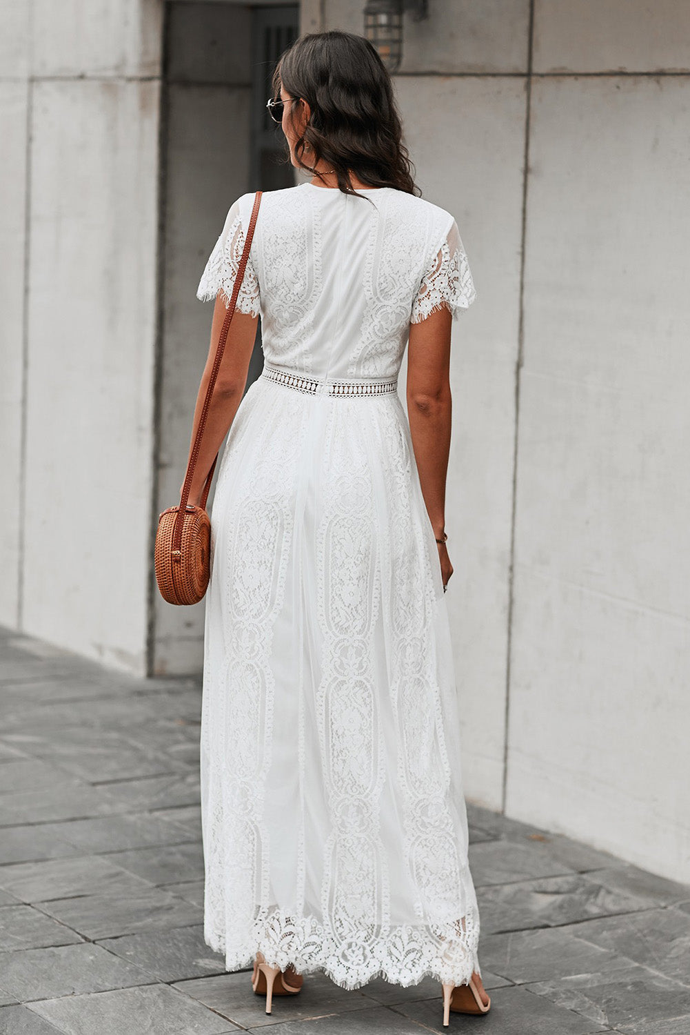 Rexella | Witte Maxi Jurk van Kant voor Dames – Lange Zomerjurk met V-hals en Korte Mouwen