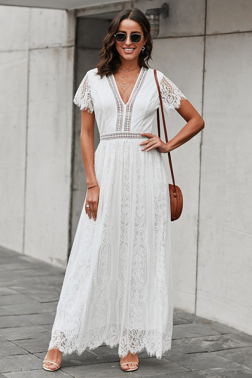 Rexella | Witte Maxi Jurk van Kant voor Dames – Lange Zomerjurk met V-hals en Korte Mouwen