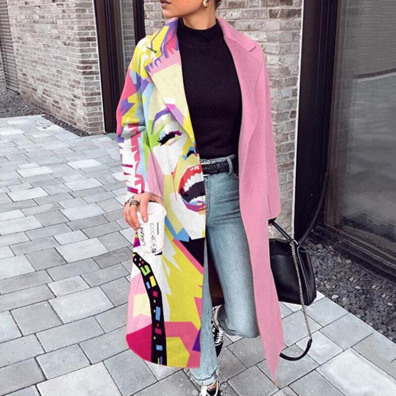Noa | Manteau long en laine pour femme, élégant manteau imprimé à ouverture sur le devant, chaud et raffiné