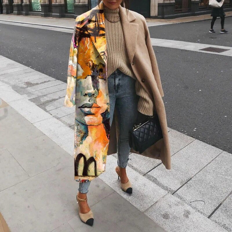 Noa | Manteau long en laine pour femme, élégant manteau imprimé à ouverture sur le devant, chaud et raffiné