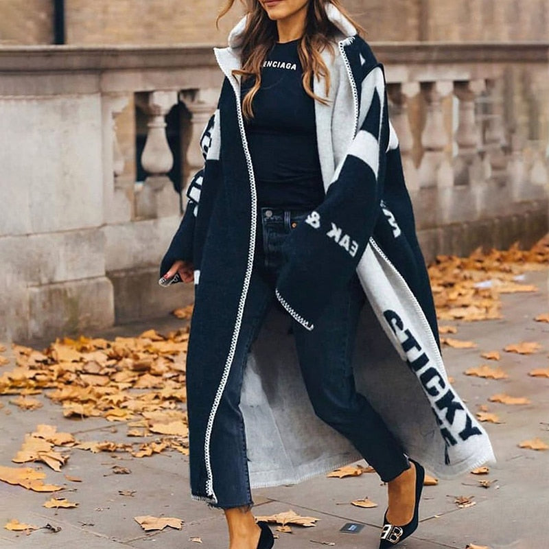 Noa | Manteau long en laine pour femme, élégant manteau imprimé à ouverture sur le devant, chaud et raffiné