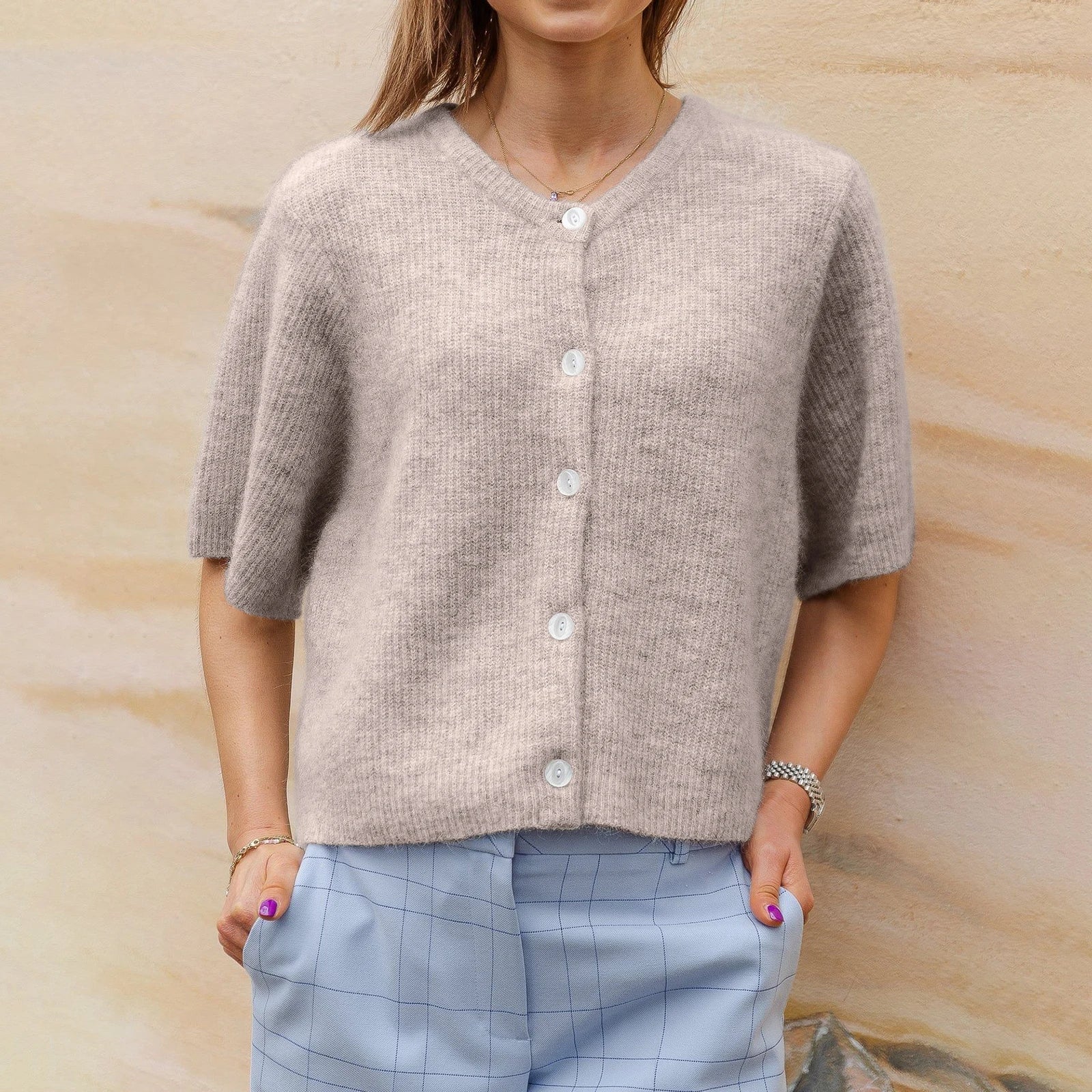 Vireliae | Dames Korte Mouw Cardigan – Lichtgewicht Gebreide Top met Knoopsluiting