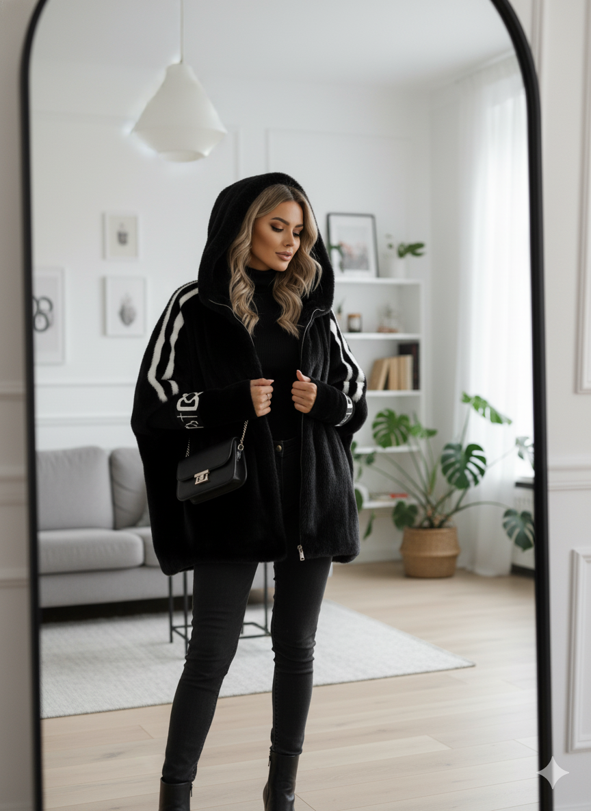 Selira | Manteau oversize à capuche en fausse fourrure et manches tricotées – Manteau d'hiver, chaud et doux