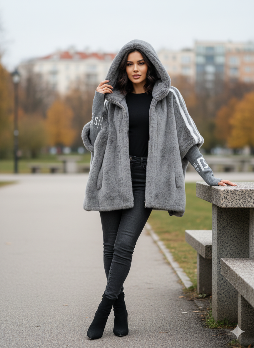 Selira | Manteau oversize à capuche en fausse fourrure et manches tricotées – Manteau d'hiver, chaud et doux