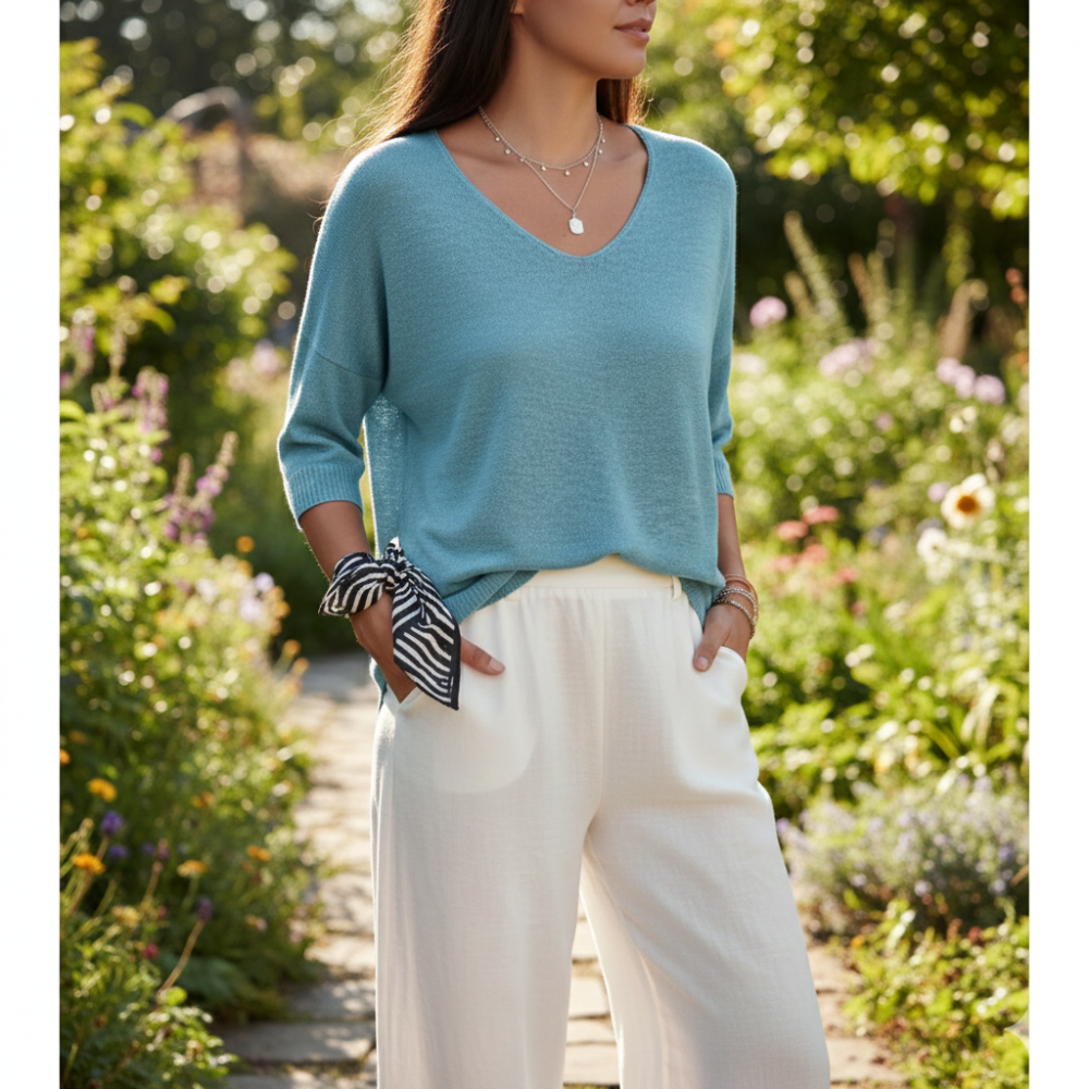 Ulvella | Luchtige gebreide blouse met V-hals voor dames – Lichtgewicht casual blouse met halflange mouwen