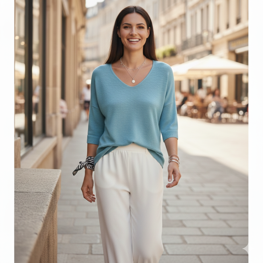 Ulvella | Luchtige gebreide blouse met V-hals voor dames – Lichtgewicht casual blouse met halflange mouwen