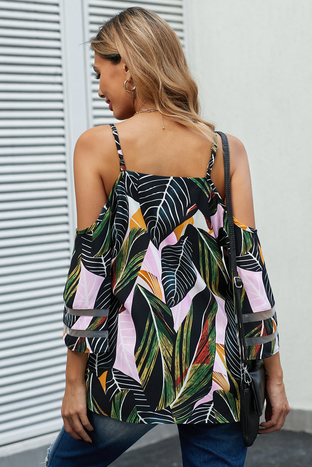 Rosilla | Dames Groene Palmprint Cold Shoulder Blouse – Zomertop, Casual Elegant