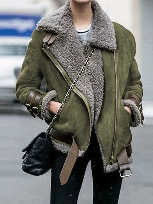 Jolanda | Veste en cuir pour femme avec boucle, doublée de fausse fourrure chaude – Veste de moto élégante et manteau d'hiver