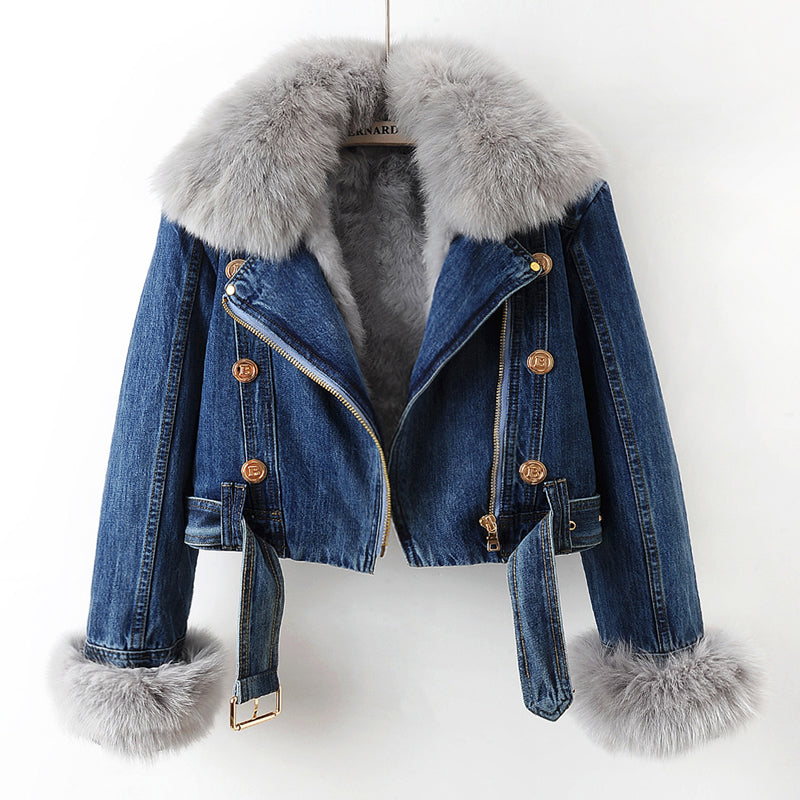 Kalisse | Luxuriöse Jeansjacke für Damen – mit Fuchsfell gefüttert, warm und schick