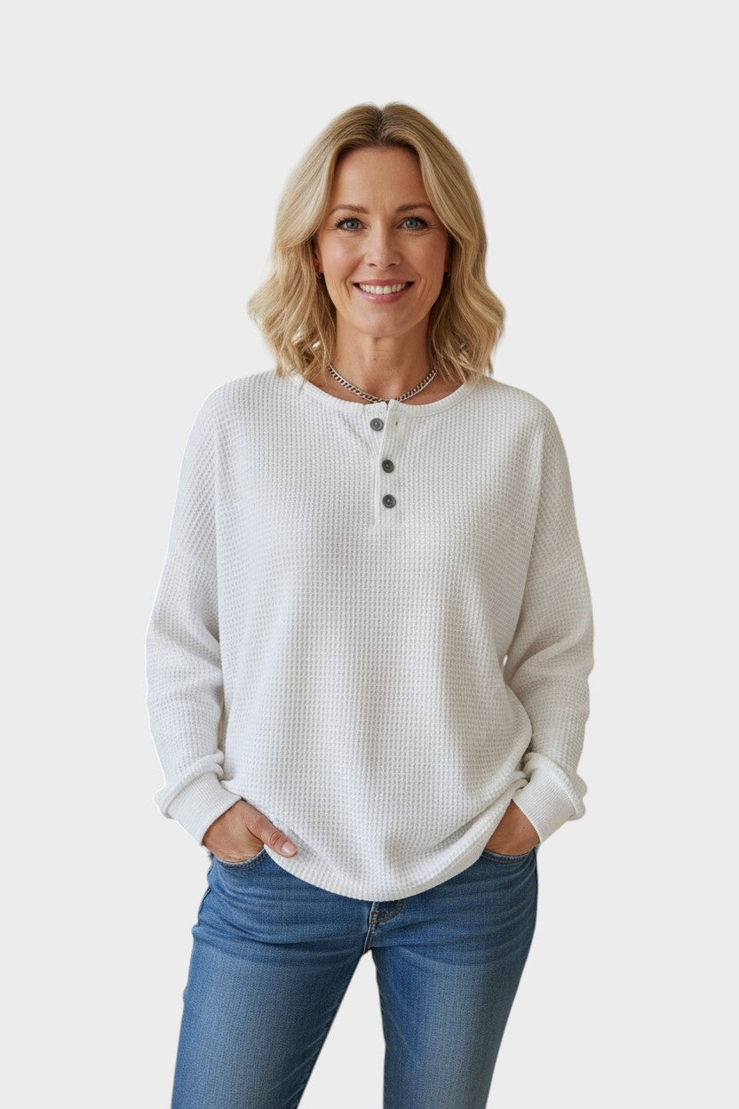 Faryna | Dames sweater in wafelkatoen – Gezellige halfknopen pullover, casual top voor dagelijks gebruik