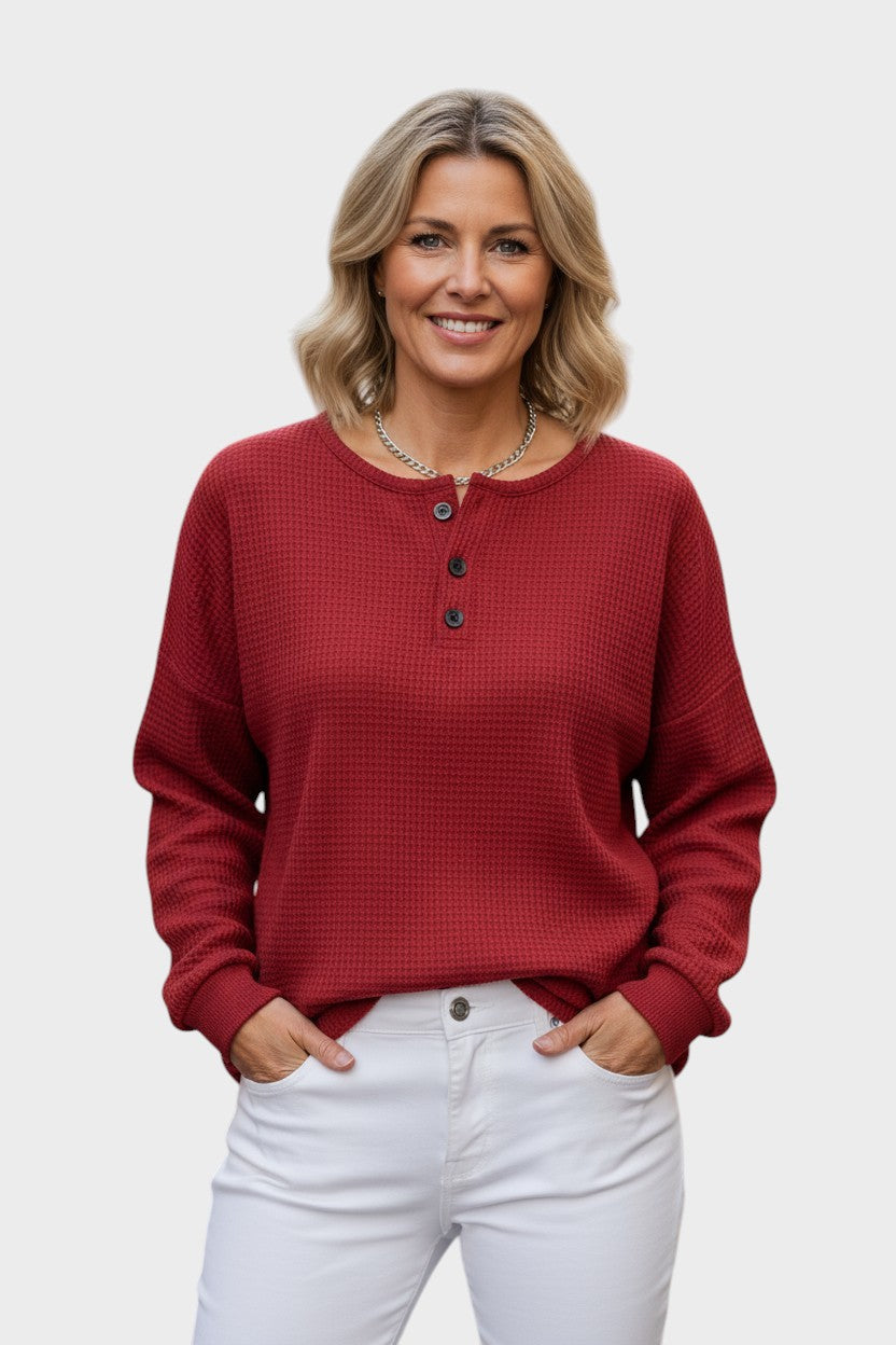 Faryna | Dames sweater in wafelkatoen – Gezellige halfknopen pullover, casual top voor dagelijks gebruik