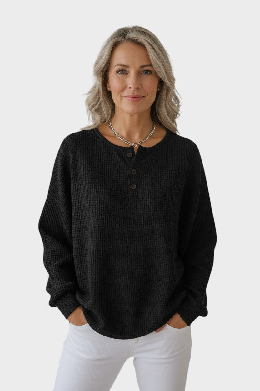 Faryna | Dames sweater in wafelkatoen – Gezellige halfknopen pullover, casual top voor dagelijks gebruik