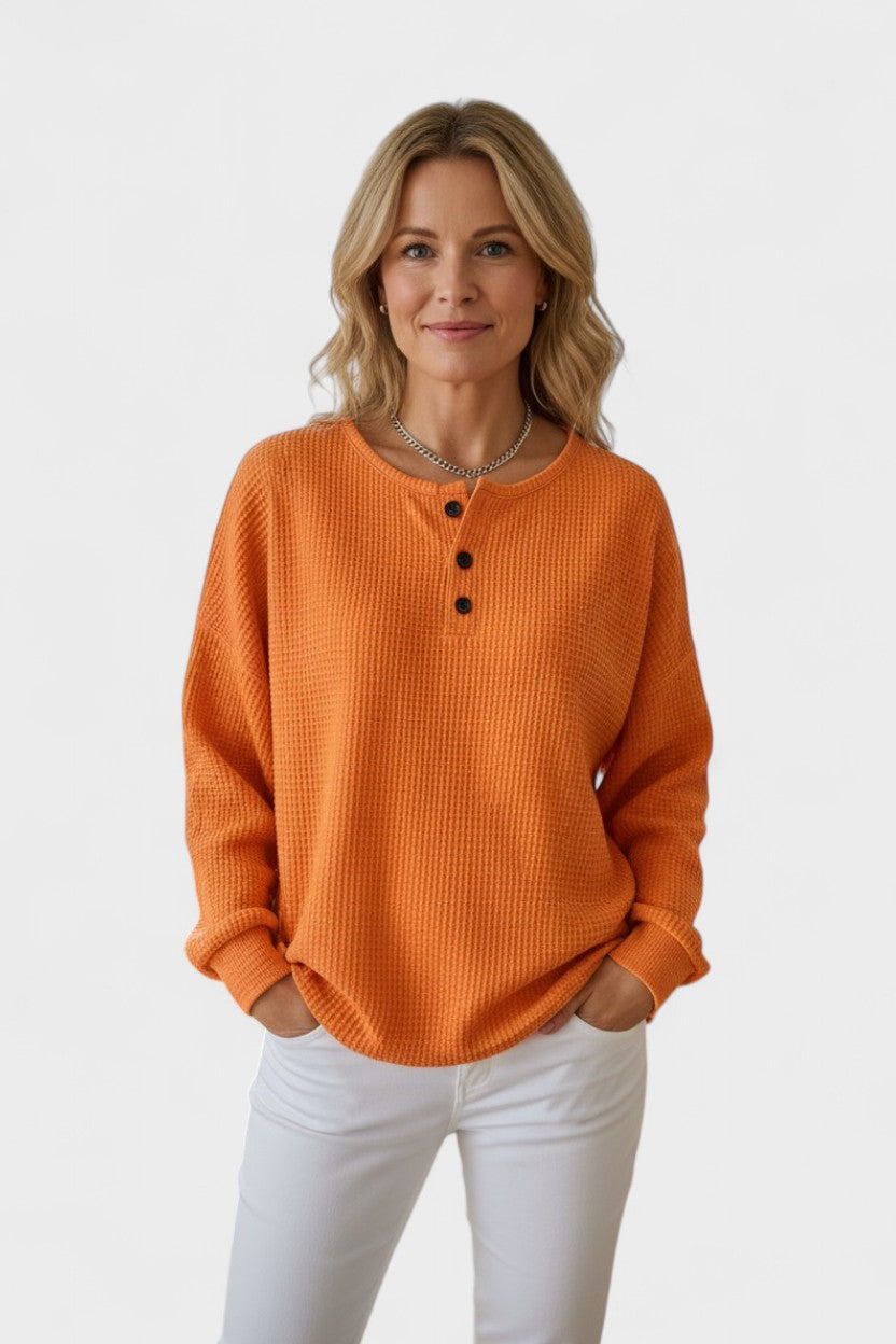 Faryna | Dames sweater in wafelkatoen – Gezellige halfknopen pullover, casual top voor dagelijks gebruik