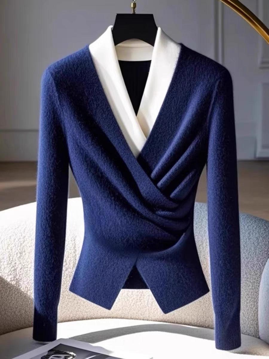 Coralia | Damen-Pullover mit V-Ausschnitt und blauem Wickeldesign – Bequemer Strickpullover mit langen Ärmeln