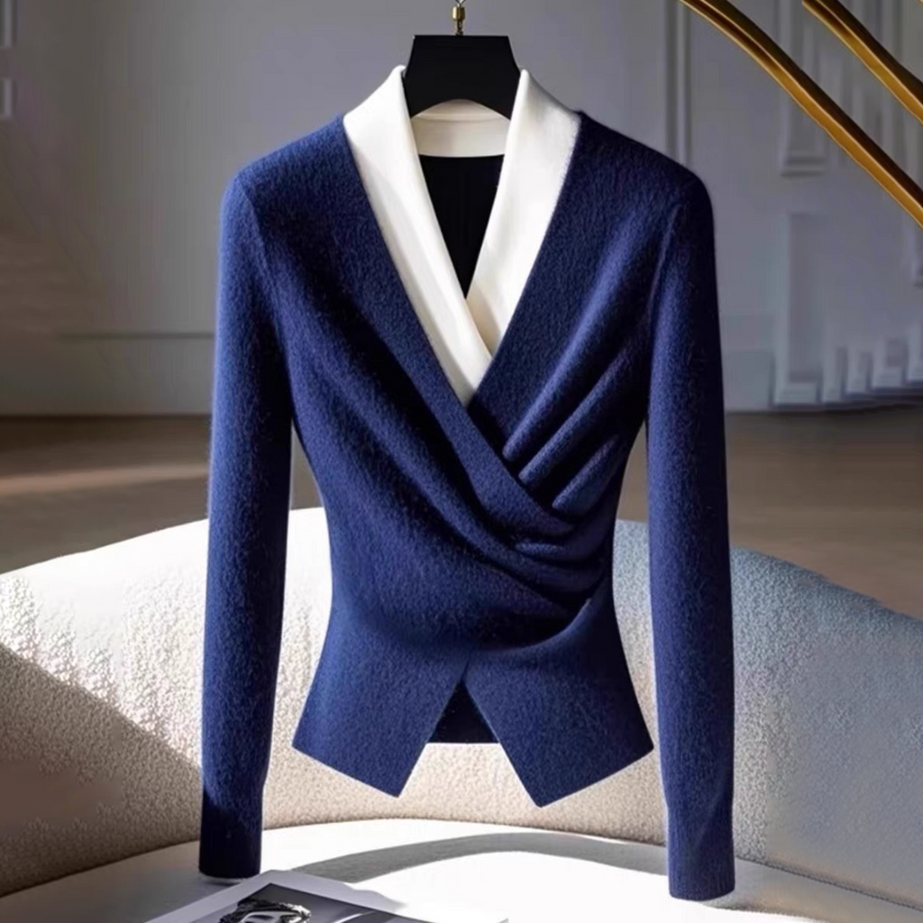 Coralia | Damen-Pullover mit V-Ausschnitt und blauem Wickeldesign – Bequemer Strickpullover mit langen Ärmeln