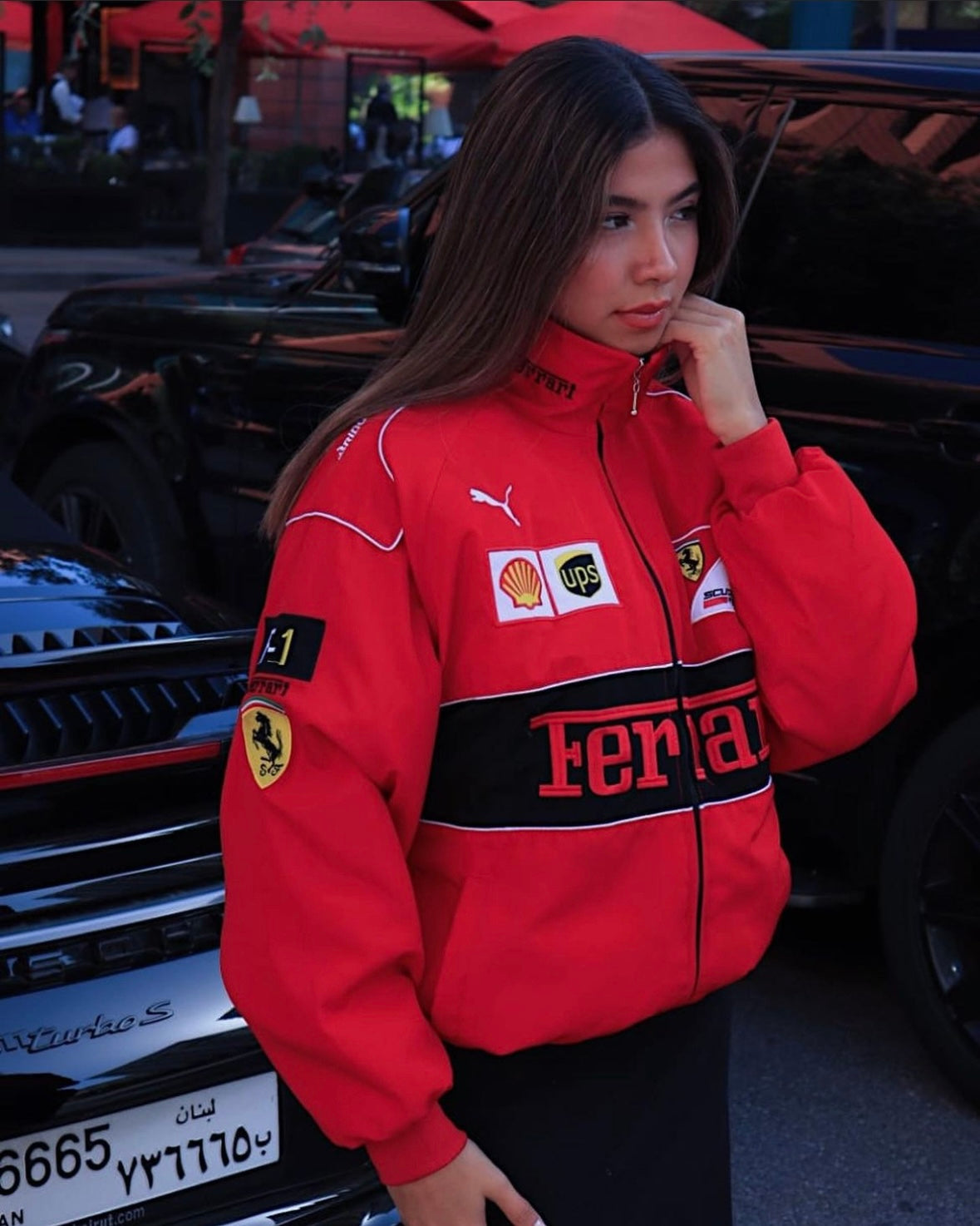 Selith | Veste Ferrari rouge vintage pour femme - Veste de course élégante, inspiration sport automobile rétro