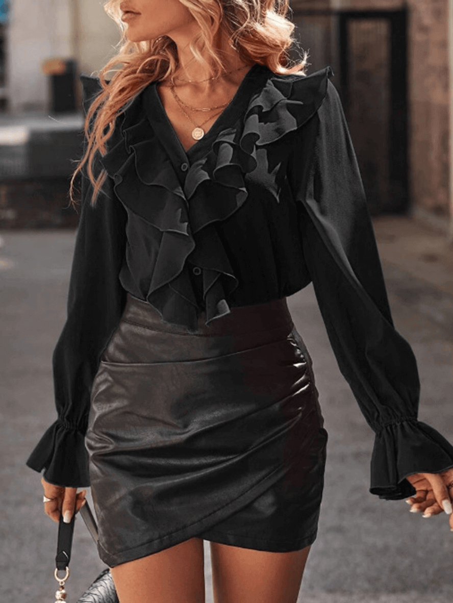 Xamira | Damesblouse met gerimpelde kraag – Elegante blouse met lange mouwen en knoopsluiting