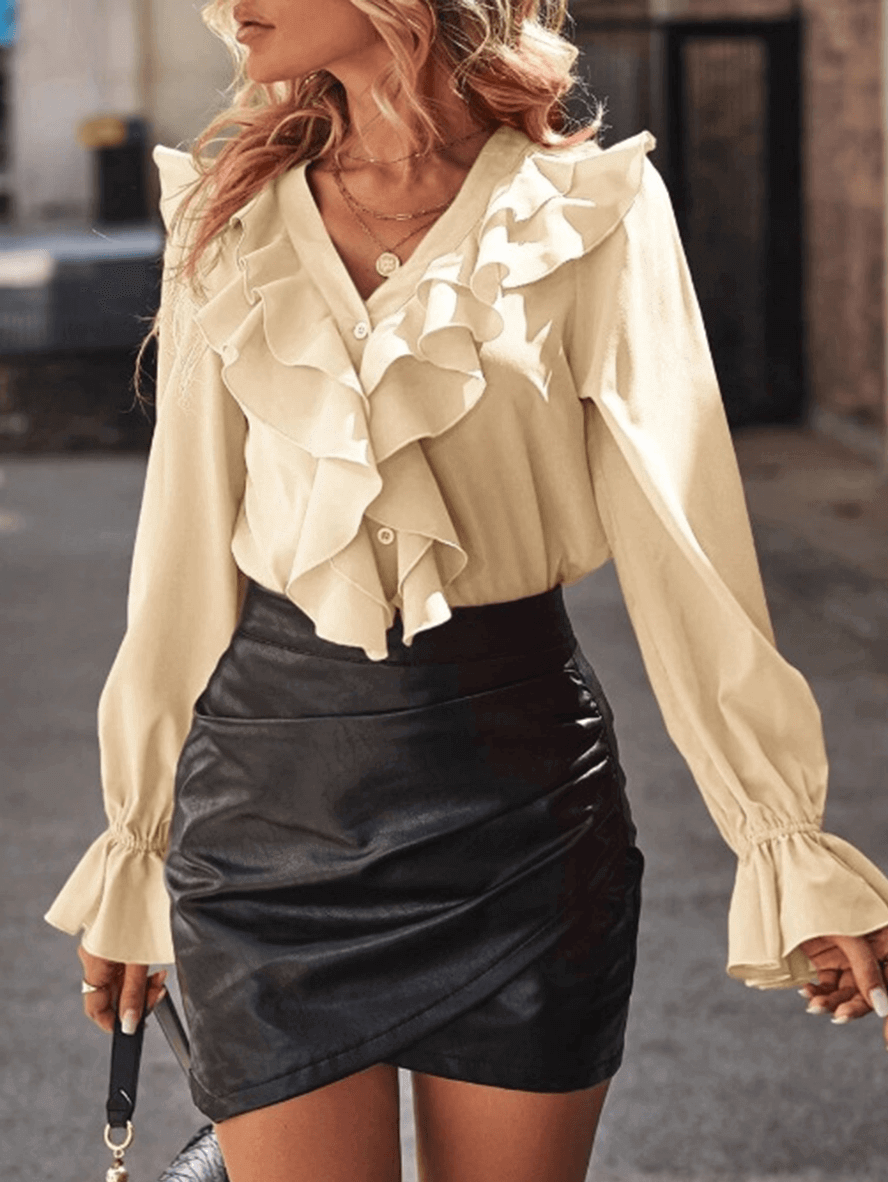 Xamira | Damesblouse met gerimpelde kraag – Elegante blouse met lange mouwen en knoopsluiting